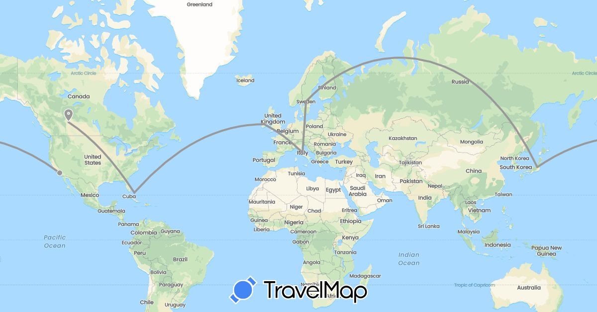 TravelMap itinerary: driving, plane in Bahamas, Canada, France, Ireland, Italy, Japan, Sweden, United States (Asia, Europe, North America)
